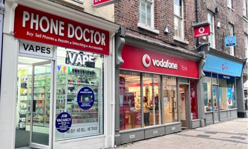 Phone Doctor, a mobile phone repair shop located at 28 Parliament Street in York, England. The shop is conveniently situated near Vodafone York.