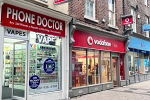 Phone Doctor, a mobile phone repair shop located at 28 Parliament Street in York, England. The shop is conveniently situated near Vodafone York.